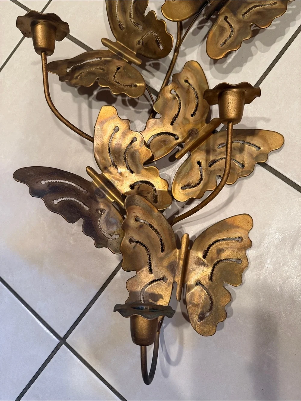 Vintage Brass Tone Butterfly Candle Holder Wall Sconce Metal Art MCM